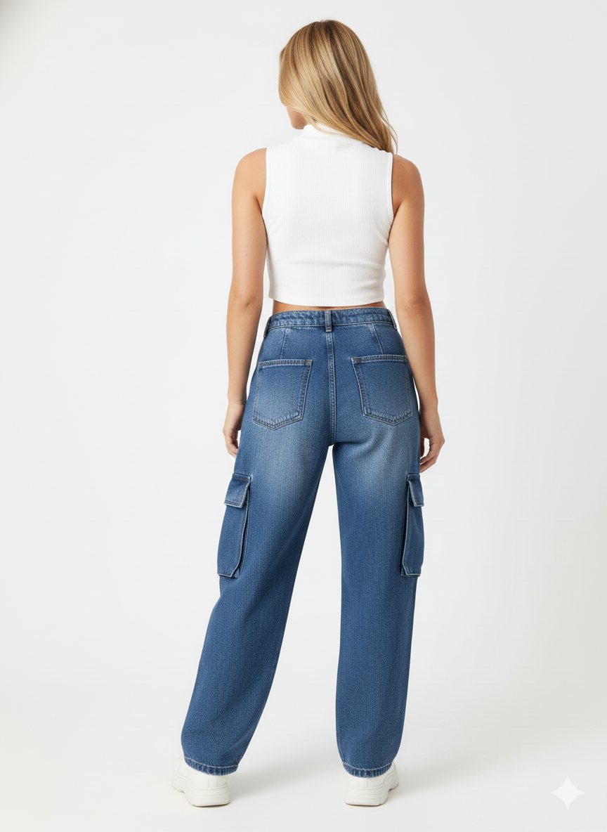 Women's High Waisted Cargo Jeans, Wide Leg Denim Utility Pants, Multi-Pocket Baggy Trousers, Streetwear Style