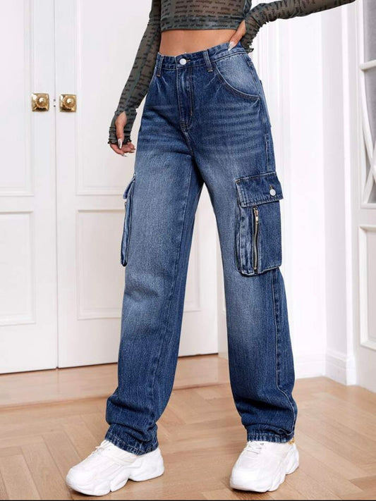 Women's High Waisted Cargo Jeans, Wide Leg Denim Utility Pants, Multi-Pocket Baggy Trousers, Streetwear Style