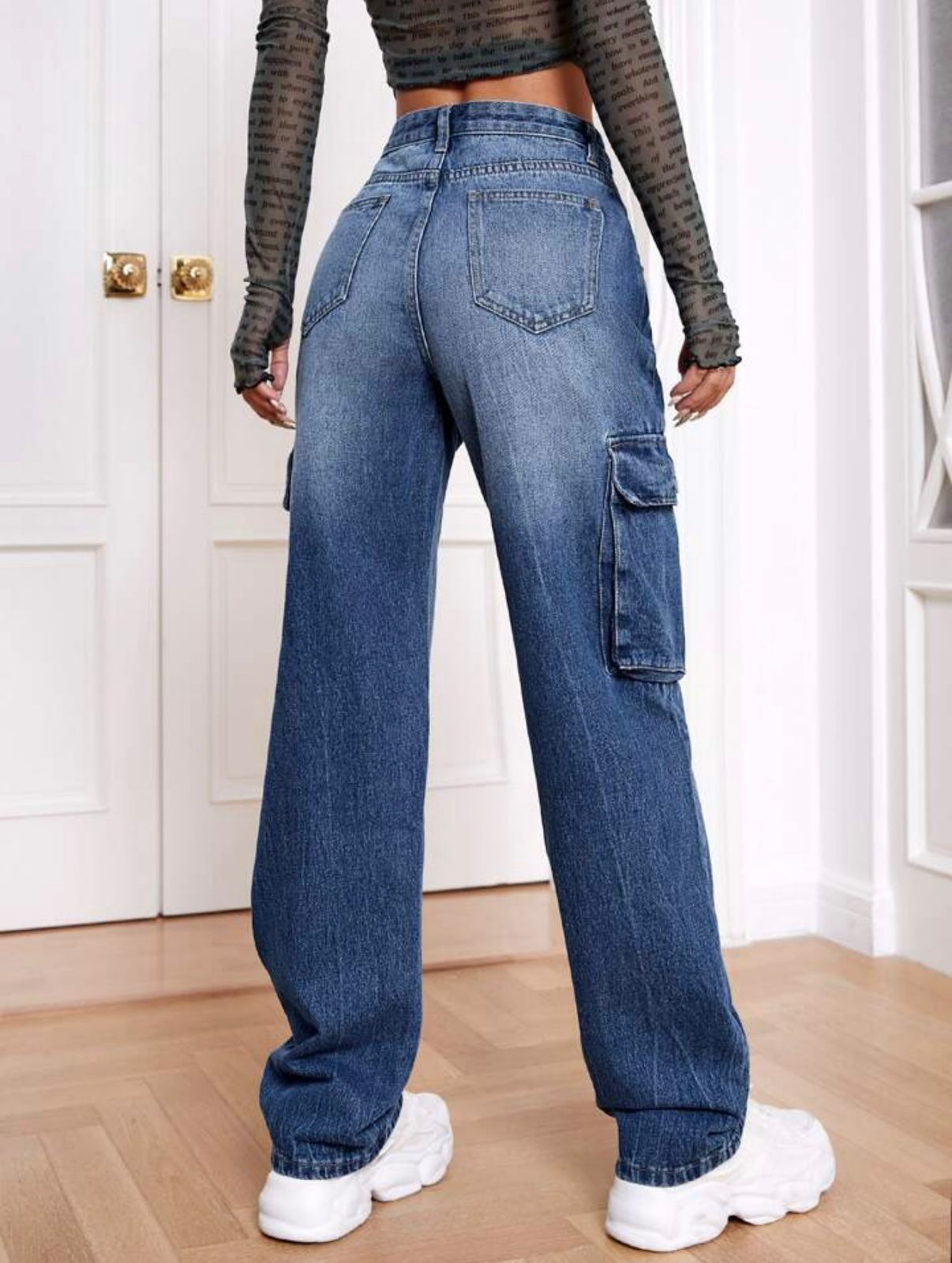 Women's High Waisted Cargo Jeans, Wide Leg Denim Utility Pants, Multi-Pocket Baggy Trousers, Streetwear Style