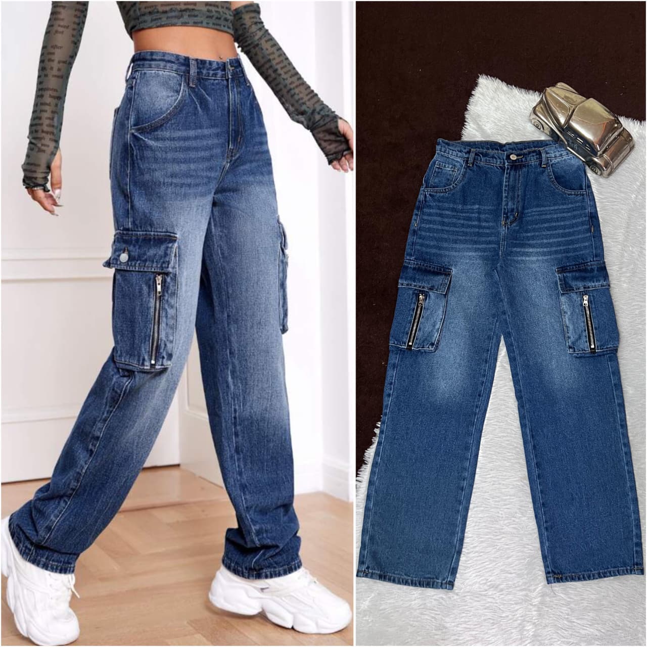 Women's High Waisted Cargo Jeans, Wide Leg Denim Utility Pants, Multi-Pocket Baggy Trousers, Streetwear Style