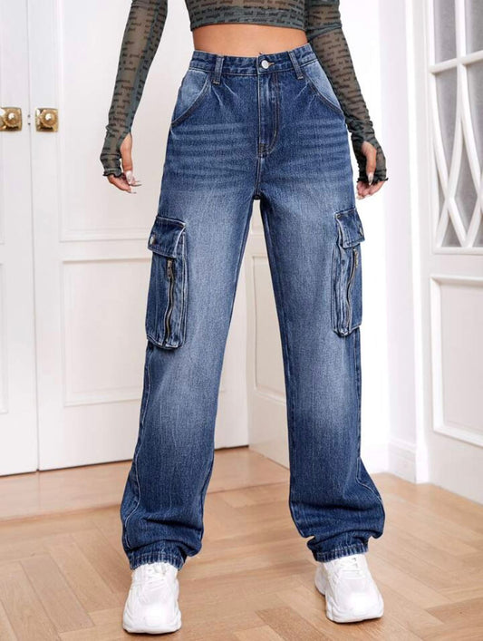 Women's High Waisted Cargo Jeans, Wide Leg Denim Utility Pants, Multi-Pocket Baggy Trousers, Streetwear Style