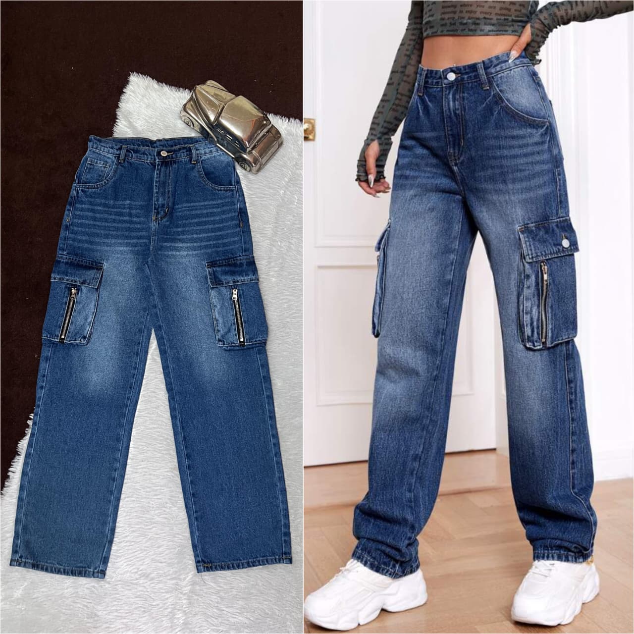 Women's High Waisted Cargo Jeans, Wide Leg Denim Utility Pants, Multi-Pocket Baggy Trousers, Streetwear Style